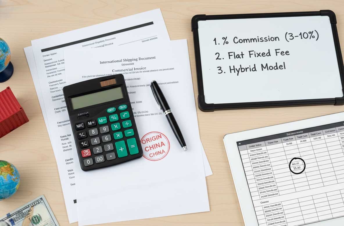 A calculator and a pen on top of shipping documents, symbolizing how a China sourcing agent charges fees
