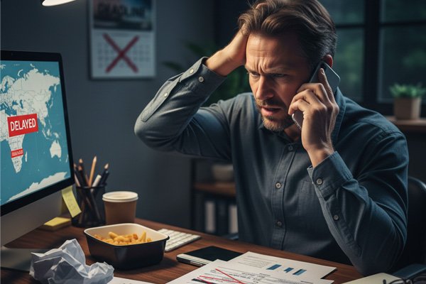 A frustrated business owner on the phone, trying to track a delayed DDP shipment.