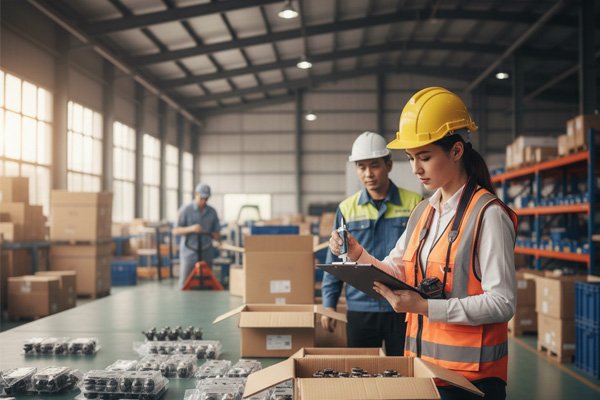 A purchasing agent performing a final quality inspection on products in a factory