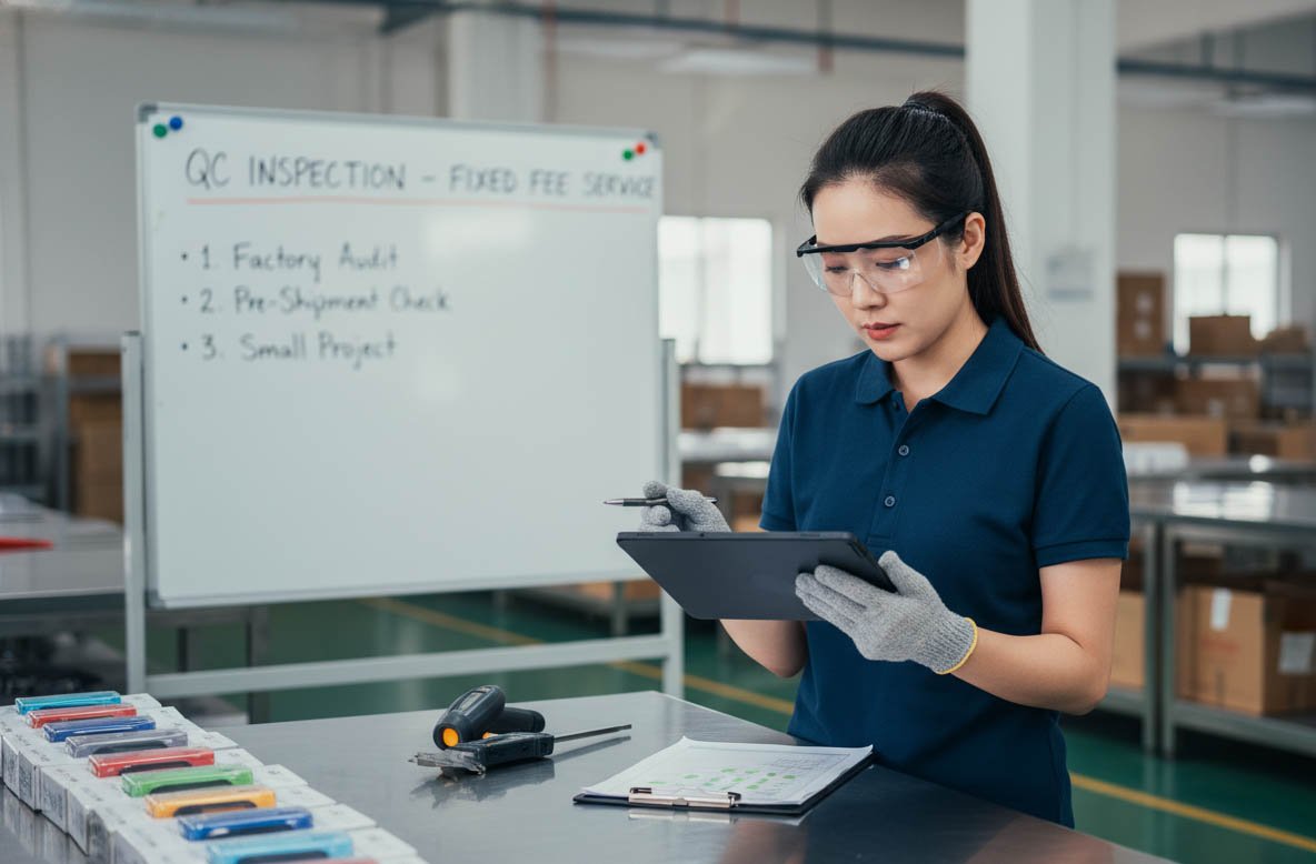 A quality control inspector checking products with a checklist, representing a fixed-fee QC service from a purchasing agent