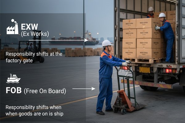 A factory worker in China loading boxes onto a truck, representing the transfer of responsibility in EXW and FOB Incoterms.