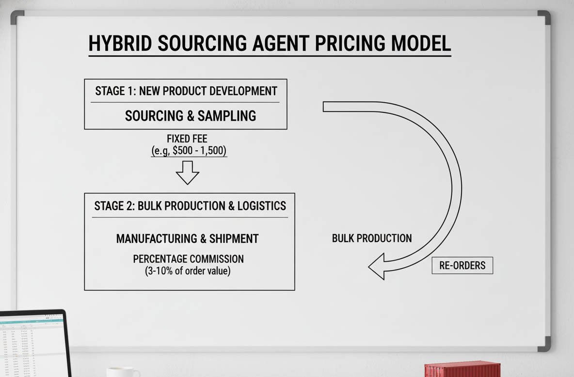 A flowchart showing a fixed fee for sourcing leading to a commission for production, the hybrid model of a sourcing agent