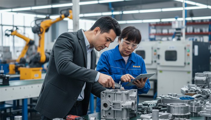 A purchasing agent examining specialized hardware components in a Yongkang factory
