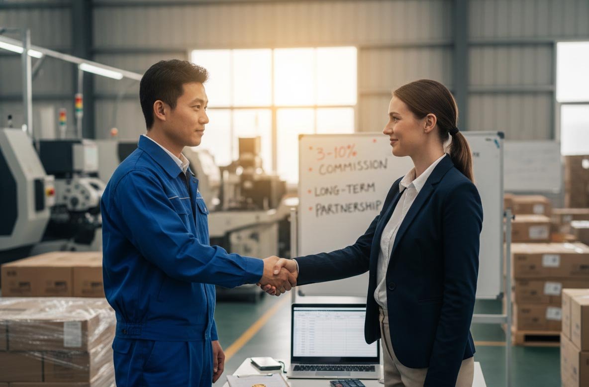A sourcing agent shakes hands with a factory manager, illustrating a commission-based partnership for large orders