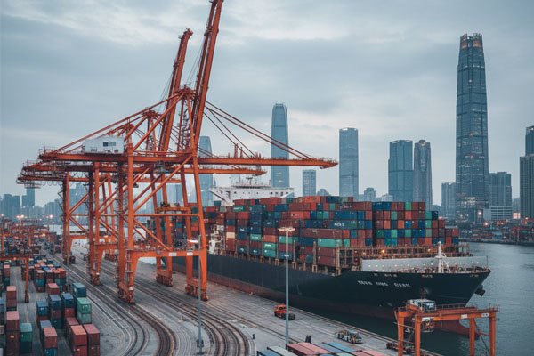 A container ship being loaded at a busy port in China, illustrating the complexity of international trade and the importance of Incoterms.
