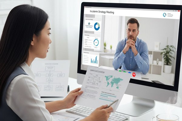 A sourcing agent and a client collaborating over a video call, reviewing shipping documents and discussing Incoterm strategy.