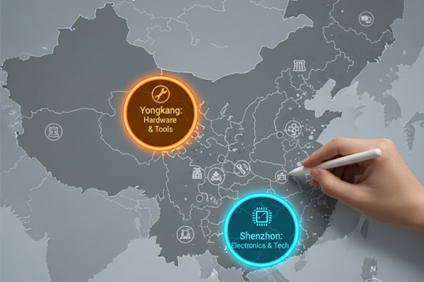 A map of China highlighting industrial clusters like Yongkang, Zhejiang for hardware and tools