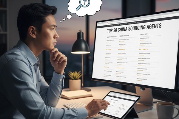 A business person evaluating a list of potential China sourcing agents on a screen