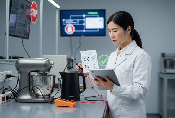 A quality control inspector testing a small kitchen appliance from a Yongkang factory