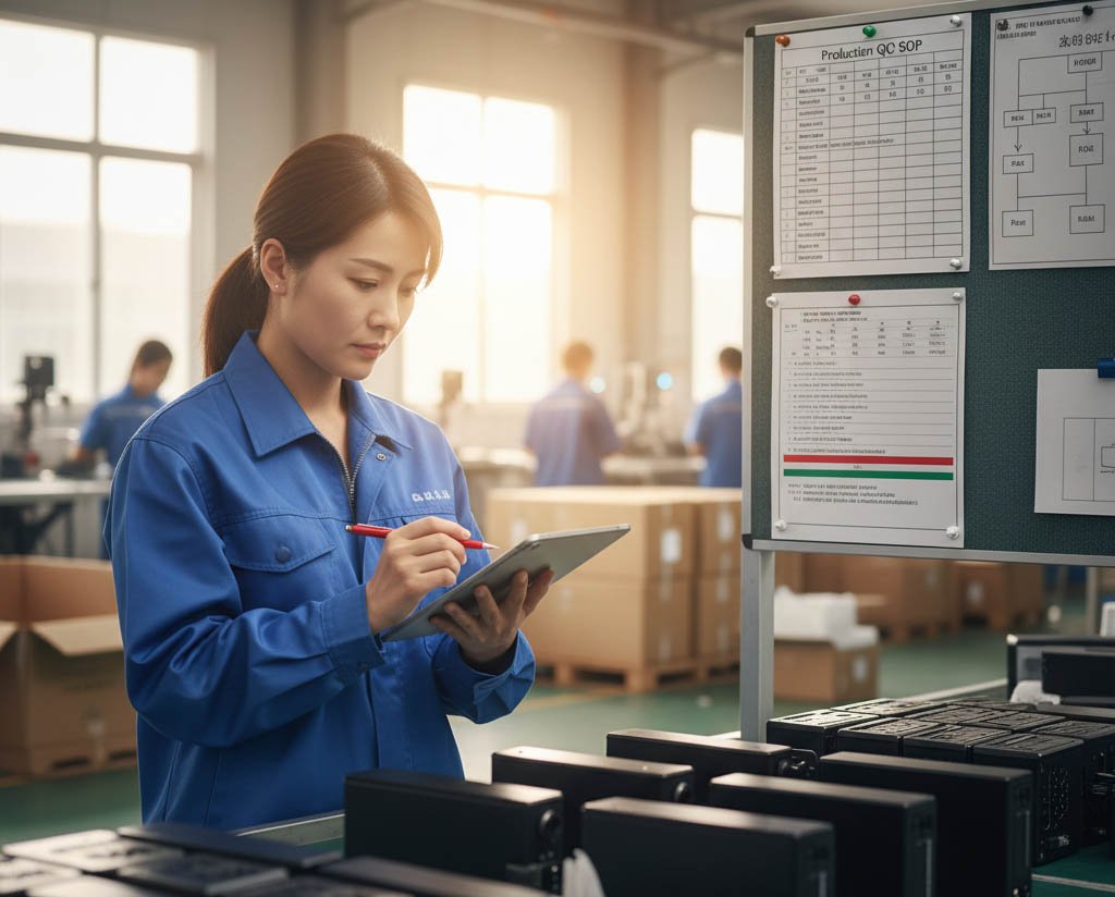 A quality control inspector reviewing products based on a checklist in a factory in Yongkang, China.