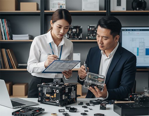 A China sourcing agent reviewing a product sample with a checklist