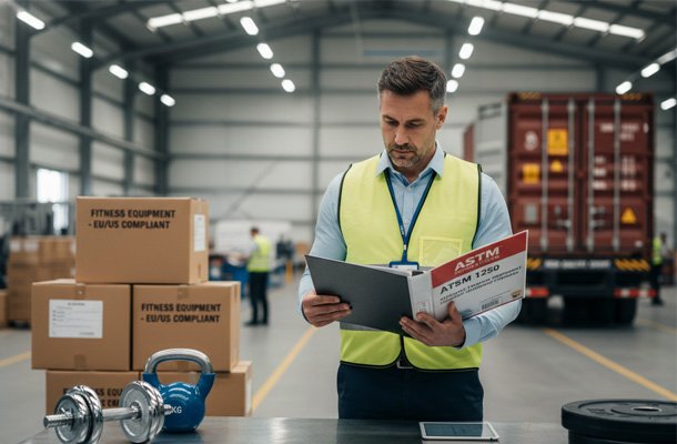An engineer reviewing safety standard documentation for fitness equipment
