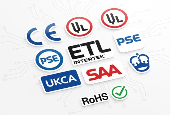 A collage of international safety certification marks like CE, UL, ETL, and RoHS