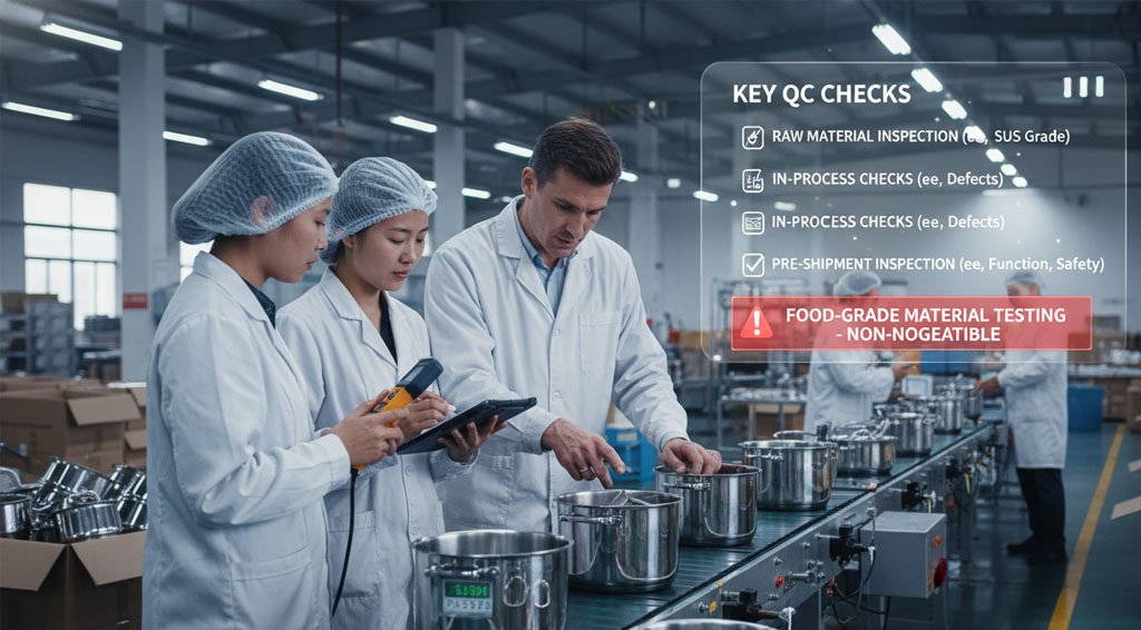 Quality control inspection of stainless steel pots in a China factory