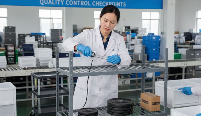 A sourcing agent performing a quality control inspection on a storage rack