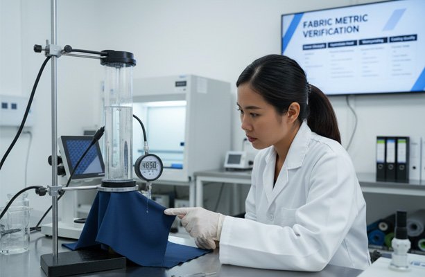 A lab technician performing a hydrostatic head test on a piece of technical fabric