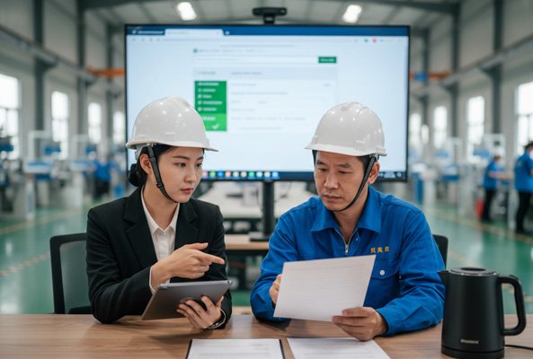 A sourcing agent in China reviewing compliance documents with a factory manager