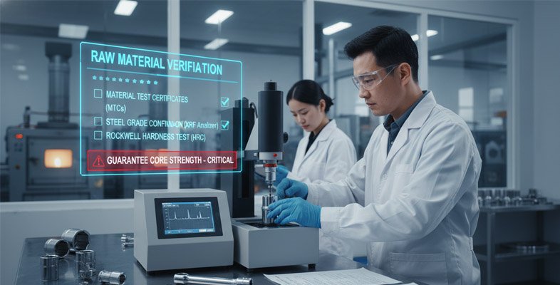 A Rockwell hardness tester being used on a metal tool part in a QC lab