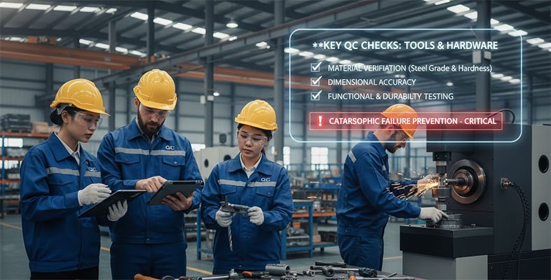 A quality inspector checking tools in a hardware factory in China