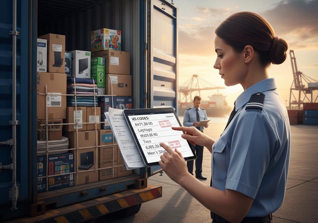 A customs officer inspecting a shipping container with a tablet showing HS codes.