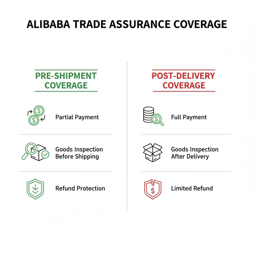 A diagram showing pre-shipment and post-shipment coverage of Alibaba Trade Assurance