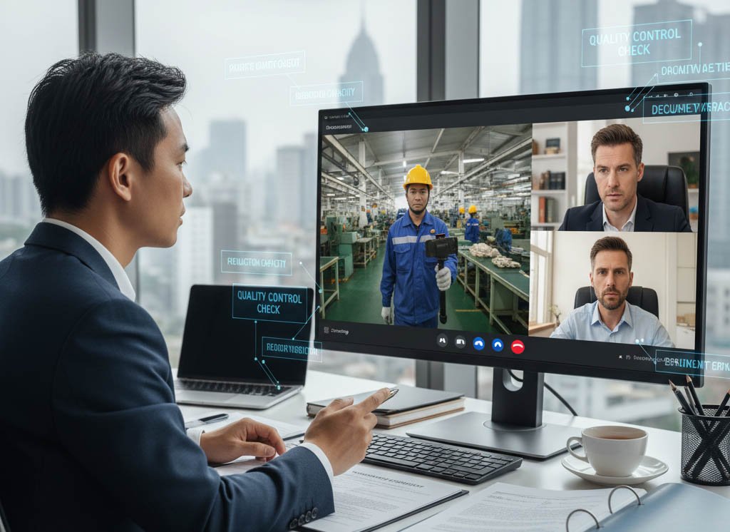 China sourcing agent conducting a remote factory audit via video call
