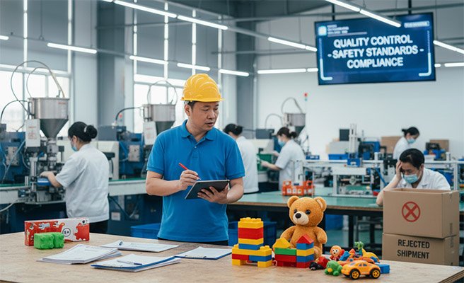 Sourcing agent inspecting colorful toys in a China factory