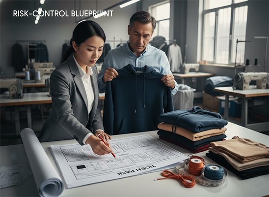 An apparel sourcing agent reviewing a tech pack with a factory manager in China