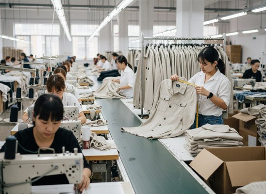 bulk apparel production line in a factory