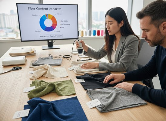 Comparing swatches of natural and synthetic fabrics for sourcing