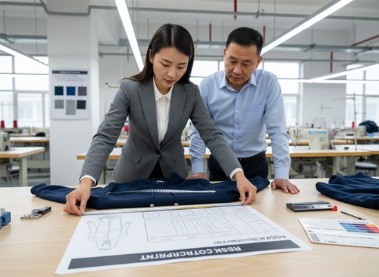 An agent meticulously measuring an apparel sample against the tech pack specifications