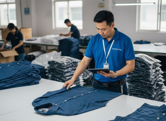 An AuroSourcing agent performing an AQL inspection on finished garments
