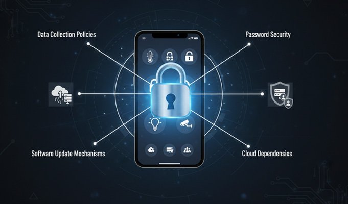A padlock icon overlaid on a smartphone controlling smart home devices, symbolizing cybersecurity.