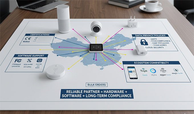 A collection of smart home devices on a blueprint, showing the complexity of sourcing from China.