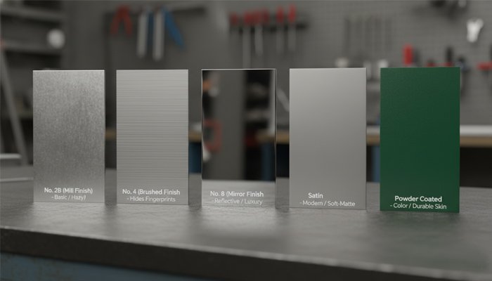 A close-up shot showing different stainless steel finishes from mirror to brushed