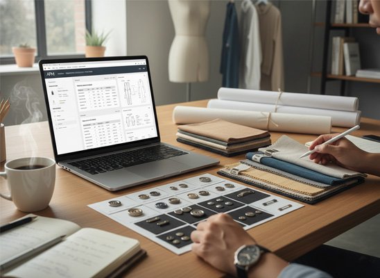 apparel tech pack and fabric samples on a table