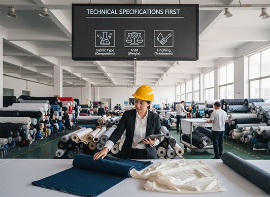 A China sourcing agent inspecting different types of fabric rolls in a factory