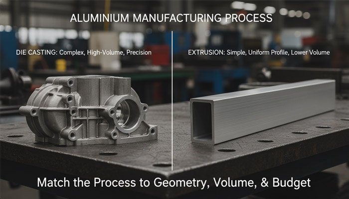 A comparison of a complex die-cast part and a simple extruded aluminum profile