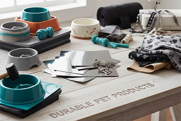 Various durable materials for pet products like plastic, metal, and fabric