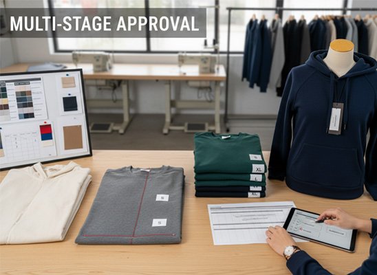Different types of apparel samples laid out for review by a purchasing agent