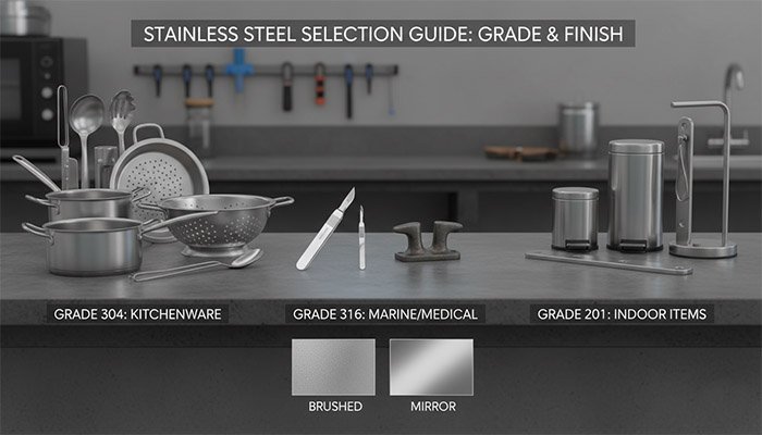 A collection of various stainless steel products showing different grades and finishes