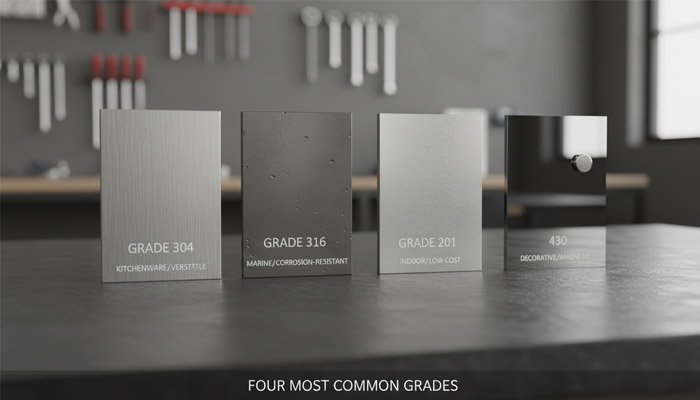 Different stainless steel samples with grade numbers on them