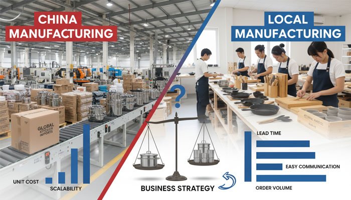 A side-by-side comparison of kitchenware from China and a local factory with cost analysis charts