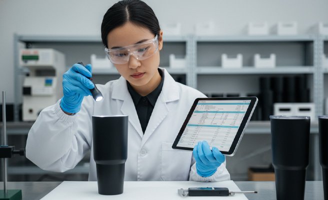 A quality control inspector checking a tumbler for defects against a specification sheet