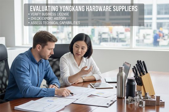 A sourcing agent reviewing factory documents and certifications in a supplier's office.