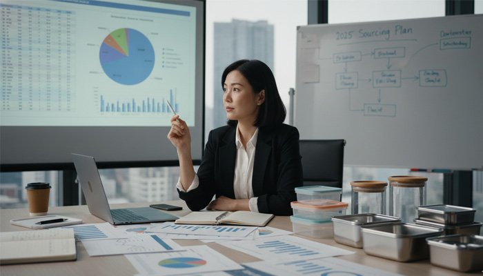 A buyer strategically planning a food container sourcing strategy with charts and samples.
