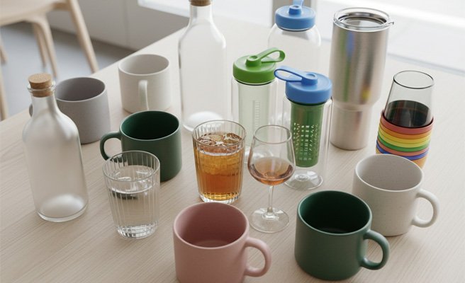 An assortment of different drinkware types including ceramic mugs, glass cups, and plastic bottles
