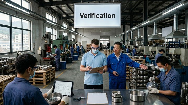 A sourcing agent inspecting a kitchenware factory in Yongkang, China