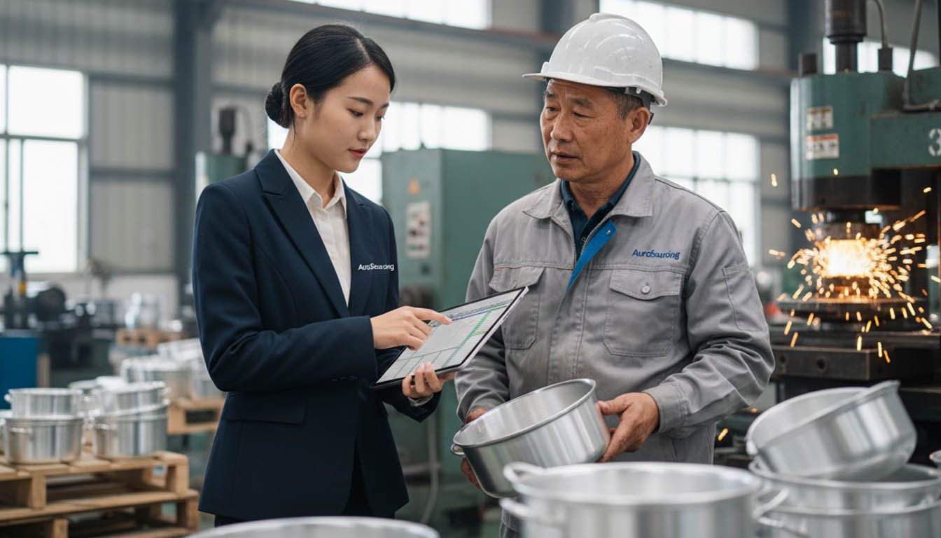 A sourcing agent from Auro Sourcing discussing production with a factory manager