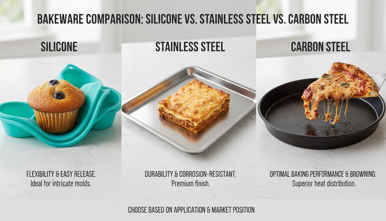 a comparison of silicone, stainless steel, and carbon steel bakeware